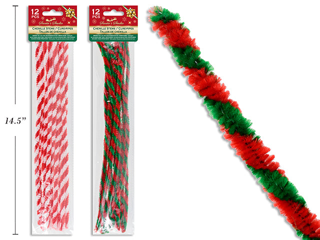 12pk 12in Xmas Chenille Stems. 3 Asst.Colours. pbh