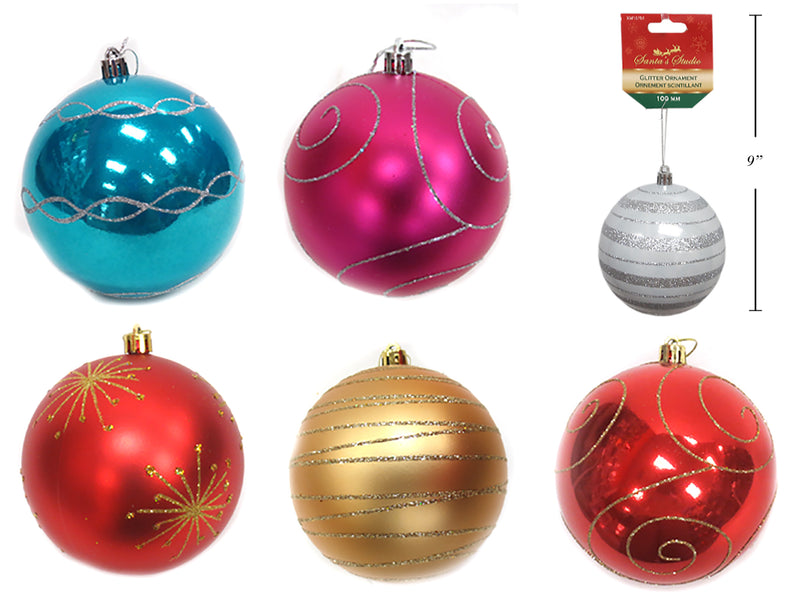 100Mm Pearl-Matte Hand Painted Glitter Ornaments. 3 Asst.Matte - 3 Asst.Shiny. H-C.