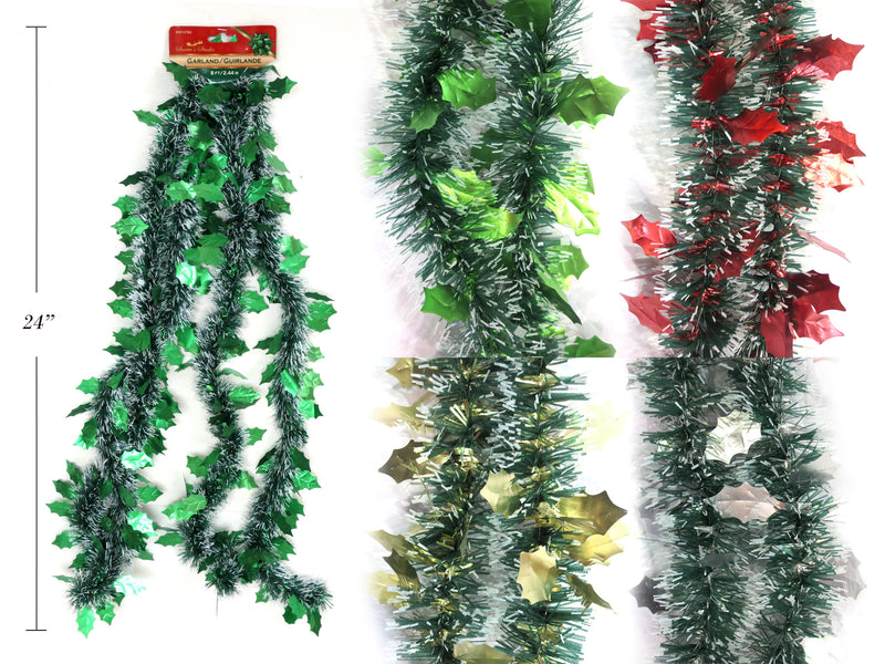 Snow Tipped Matte Holly Leaf Pine Garland