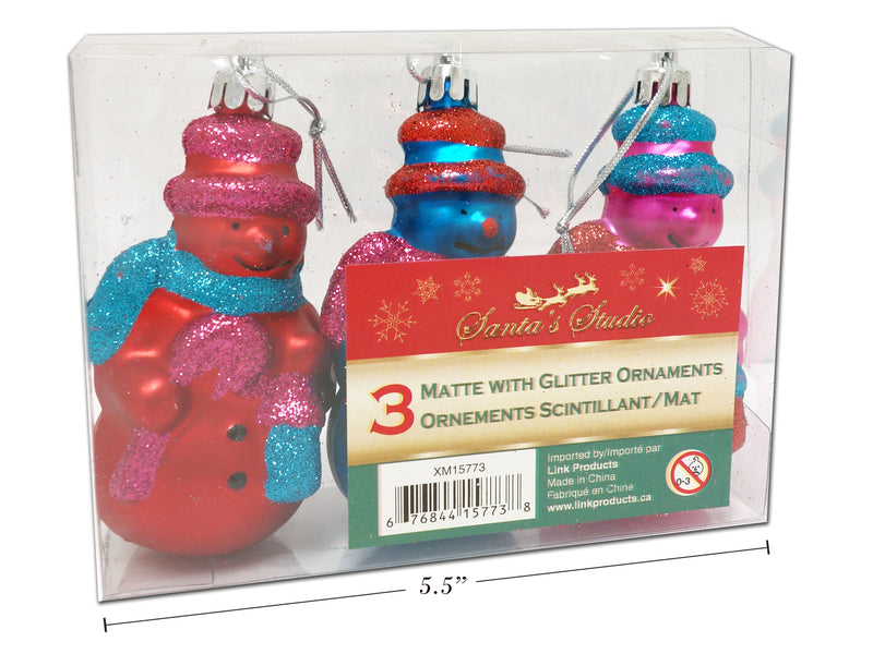 3Pk 5In Matte W-Glitter Xmas Snowman Ornament. In Pvc Box. 3 Asst.Cols:Red-Baby Blue-Fuchsia.