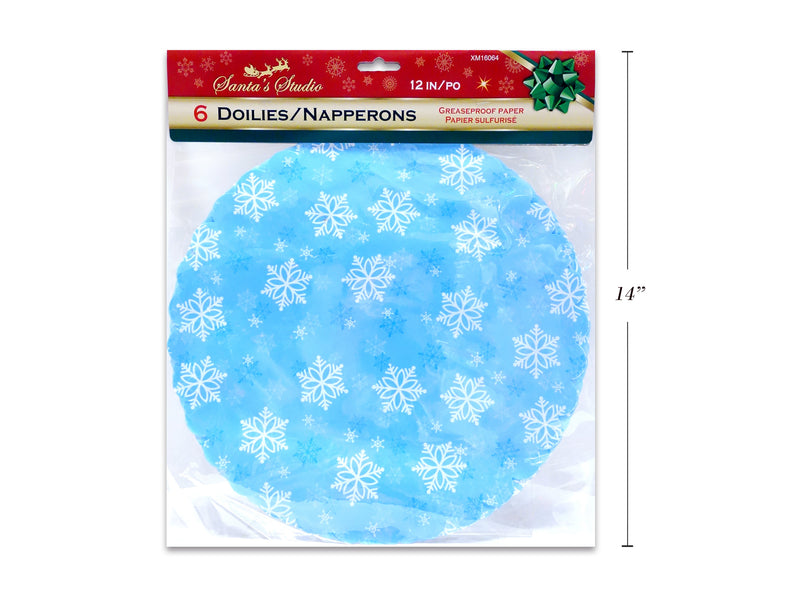 6Ct 12In Xmas Grease Proof Printed Paper Doilies W- Die-Cut Border. Polybag W-Insert