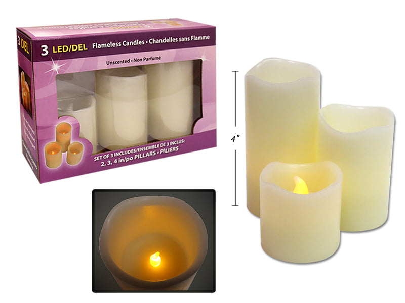 Set-3 Flameless Led Flickering Scented Wavy Top Wax Candle. 3 Sizes: 4In-3In-2In. 2In(Dia) Col.Box