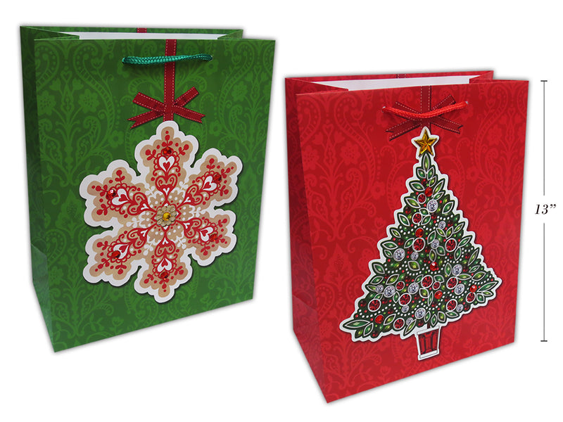 Xmas Matte W- Multi Jeweled Giftbag - Large. Mattefinish W-Rhinestone Gems& Pp Handle. 2 Asst.