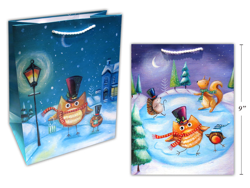 Xmas Matte Glitter Owl Winter Scene Giftbag-Med Matte Finish W-Twisted Pp Handle. 2 Asst.