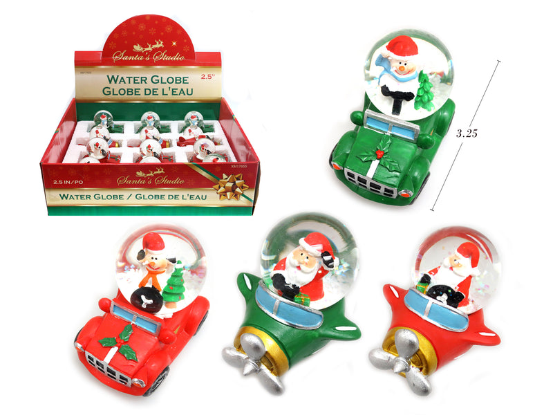 Xmas Vehicular Santa-Snowman Waterglobe. 4Asst. 2.5In Waterglobe.3.25In Car-Plane.