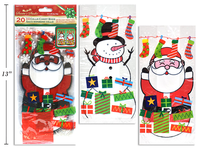 20ct Xmas Pop-out Printed Cello Candy Bags. 3 Asst Incl: 20 Silver Tw