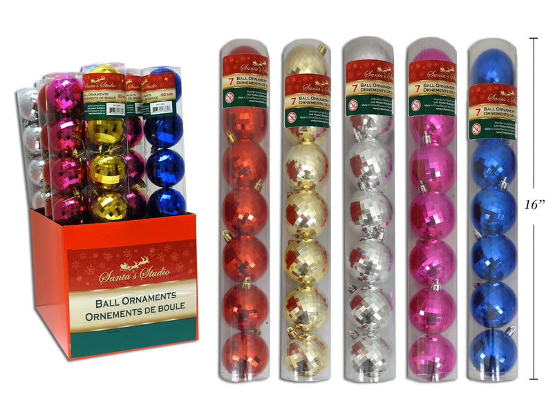 7Pk 60Mm Xmas Disco Ball Ornaments In Dsp. 5Cols: Red-Gold-Silver-Blue-Pink.