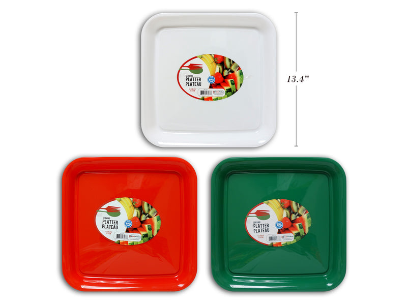 13-3-8In Square Xmas Plastic Platter. 3 Asst.Cols: Red - Green - White. Col.Label.