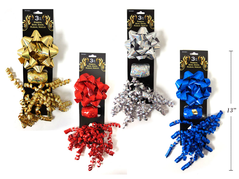 3Pk Holographic Bow-Ribbon-Swirl Value Pack. 5 Asst.Colours: Gold-Silver-Red-Green-Blue.