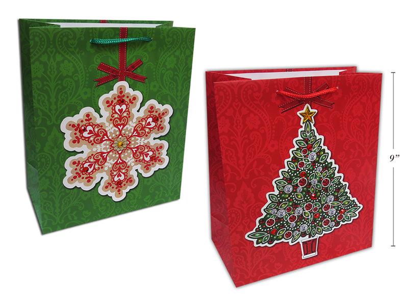 Xmas Matte W- Multi Jeweled Giftbag - Medium. Mattefinish W-Rhinestone Gems& Pp Handle. 2 Asst.