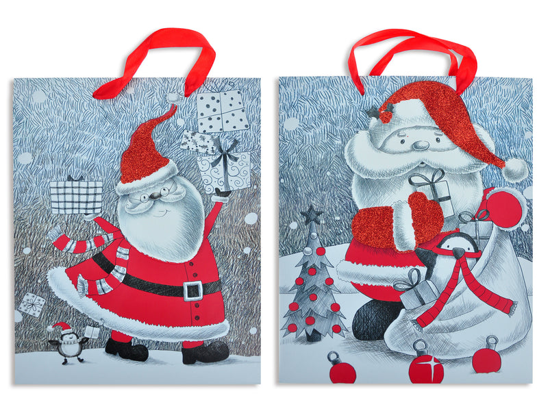 Xmas Matte Sketched Pop-Up Santa W-Glitter Giftbag-Medium.Mattefinish W-Satin Handle. 2Asst