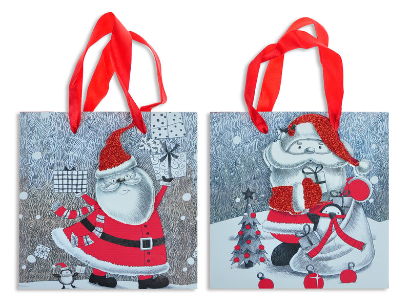 Xmas Matte Sketched Pop-Up Santa W-Glitter Giftbag-Jumbo.Matte Finish W-Satin Handle. 2Asst