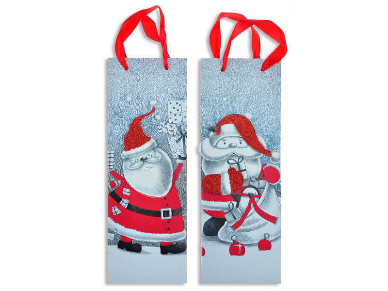 Xmas Matte Sketched Pop-Up Santa W-Glitter Giftbag-Bottle.Matte Finish W-Satin Handle.2Asst