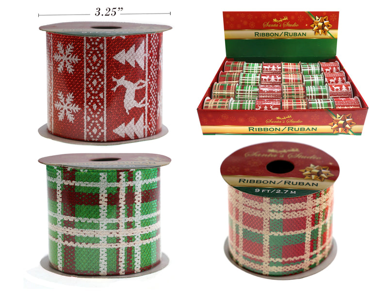 3Yd Printed Tinsel Fabric Felt Ribbon In Display. 2.5In(W). 3 Asst.Styles.