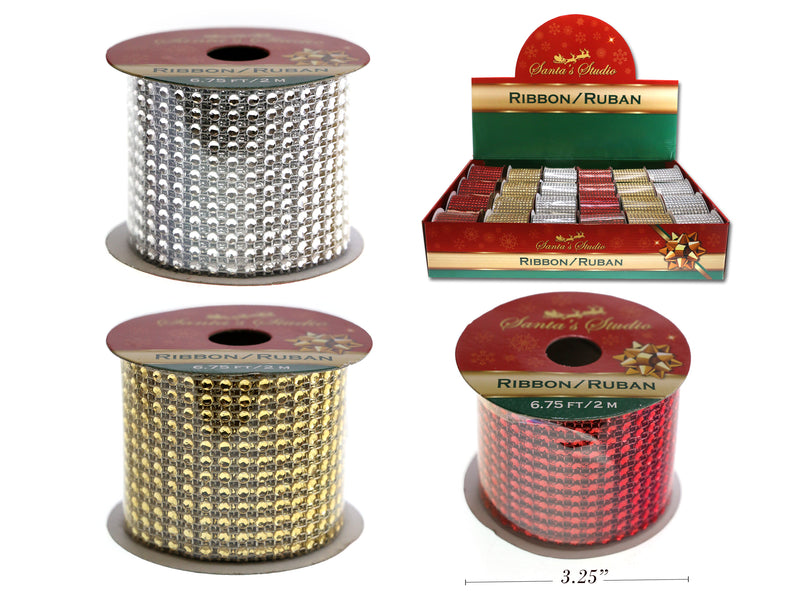 2.25Yd Sequin Jewel Ribbon In Display. 2.25In(W). 3 Cols: Red - Gold - Silver.