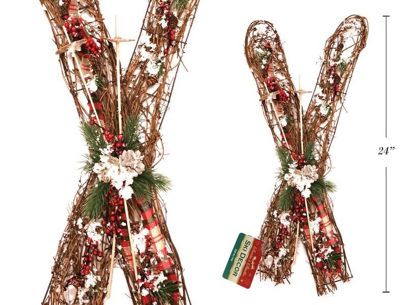 24In Country Style Vine Holly Berry Skis W- Frosted Pine Cone &  Ski Poles. Hangtag.