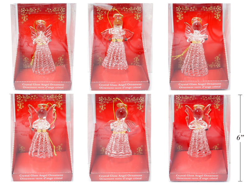 3-1-8In Crystal Glass Angel Ornament. 6 Asst.Styles. Peggable Pvc Box.