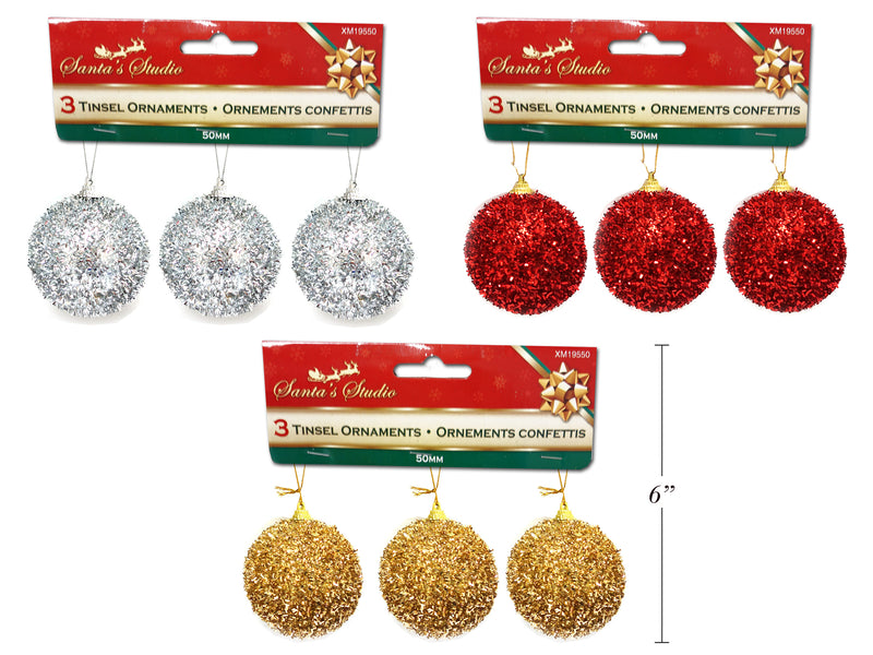 3PK Tinsel Ornament with String3 asst Colors