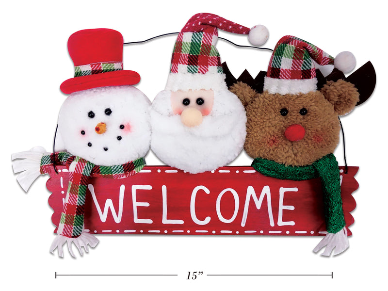 15In X 9In Traditional Style Plush Santa-Snowman Welcome Plaque. Hangtag.