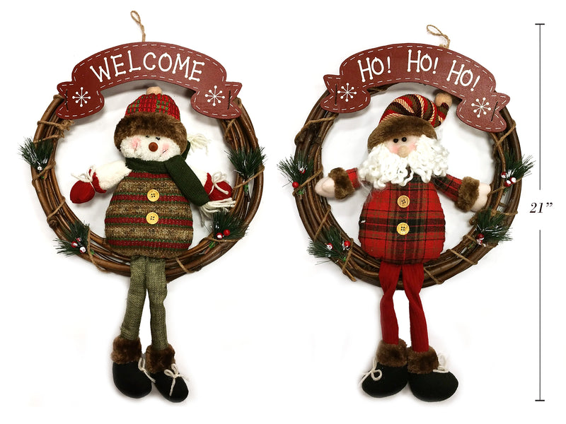 21In Traditional Style Swinging Santa-Snowman Character Wreath. Hangtag.