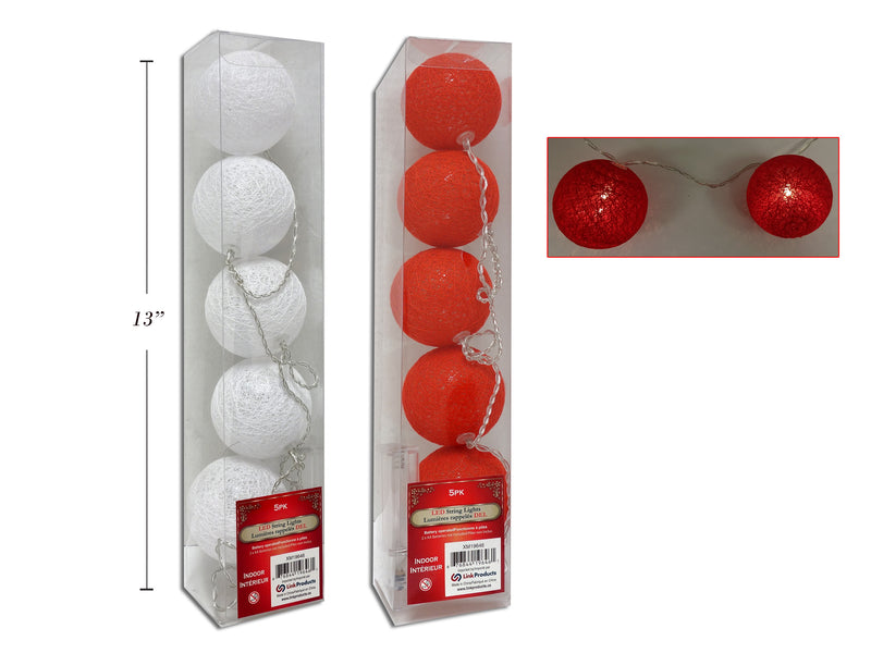 5Pk B-O Led 60Mm Cotton Ball String Lights. 2 Cols: White-Red. Pvc Box W-Label.