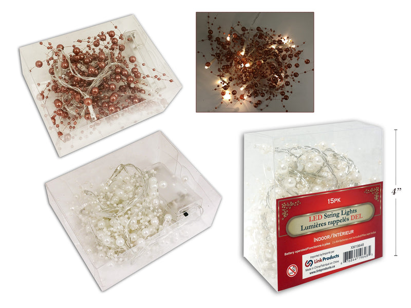 15Pk B-O Led Pearl Chain String Lights. 2 Cols: White - Copper.