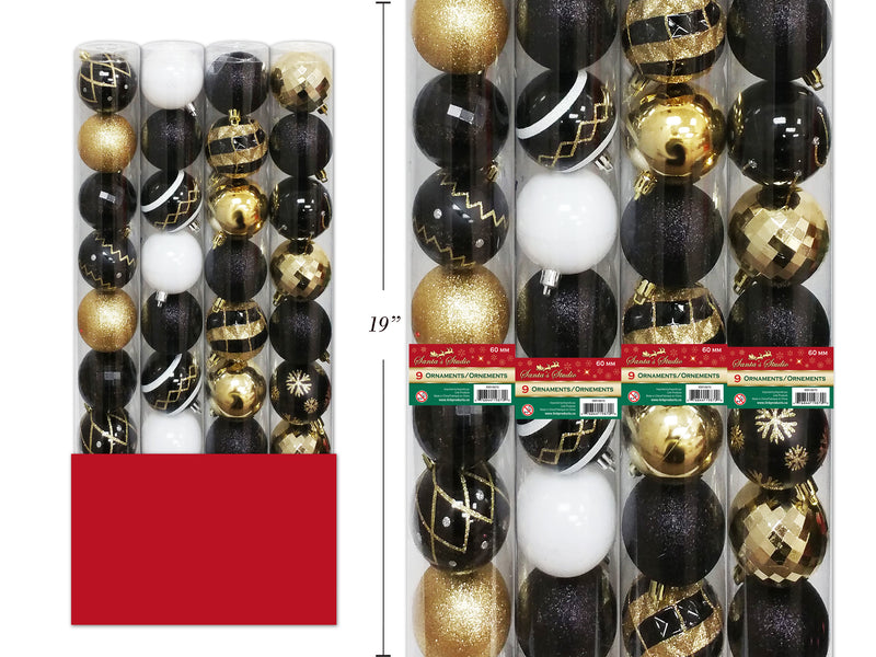 9Pk 60Mm Ornaments In Pvc Tube - Black Series. W-Silver String.