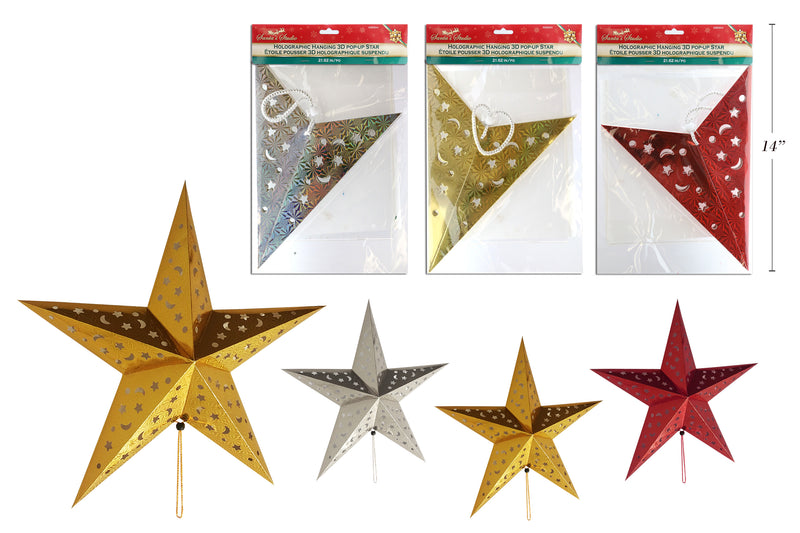 21-5-8In Holographic Hanging 3-D Pop-Up Die-Cut Star. 3 Cols: Red - Gold - Silver. Pbh.