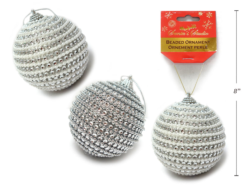 80Mm Beaded Round Ornament W-Silver String. 2 Asst: SilverSilver - SilverWhite. H-C.