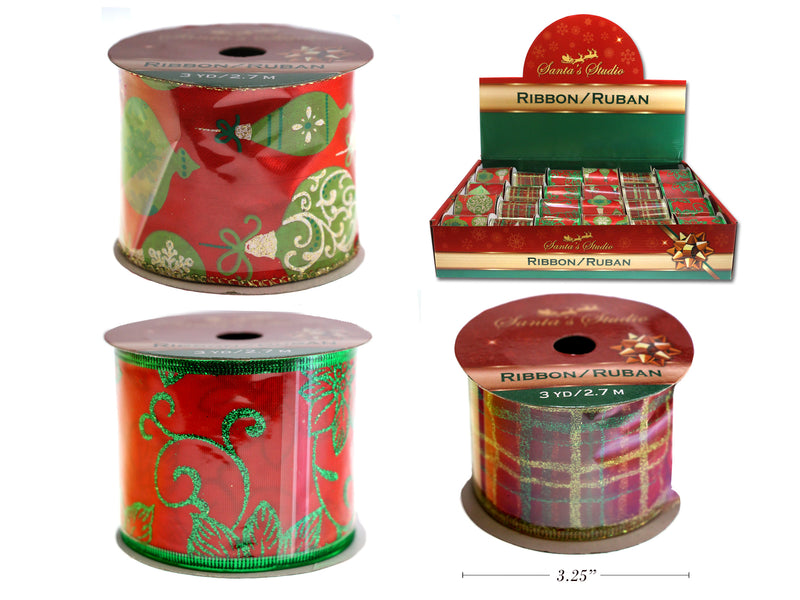 3Yd Red Green W-Glitter Printed Wire Ribbon In Display. 2.5In(W). 3 Asst.Styles.