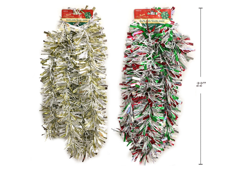 9Ft X 4Ply Deluxe Chunky W-White Angel Hair Tinsel Garland. 2 Asst.Styles. 4In Tip. H-C.