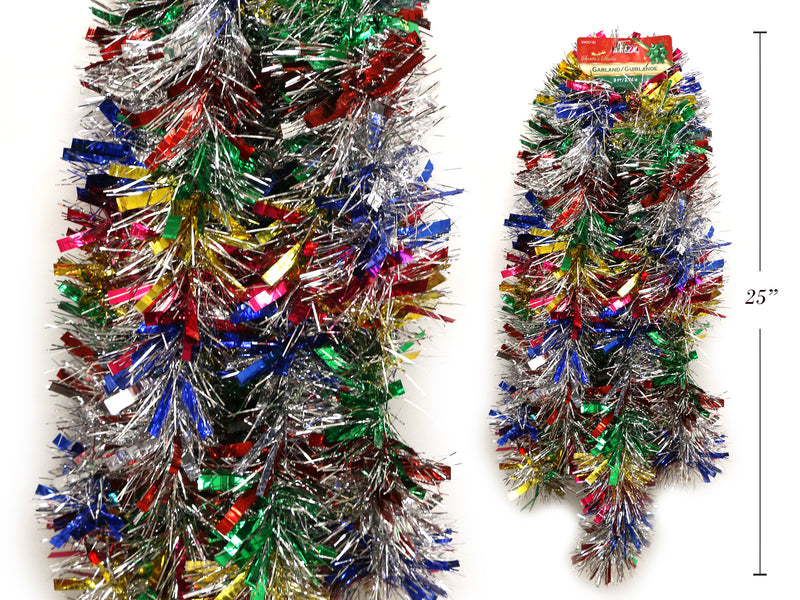 9Ft X 4Ply Chunky Multi-Colour Tinsel Garland W- Silver Angel Hair. 4.25In Tip. H-C.