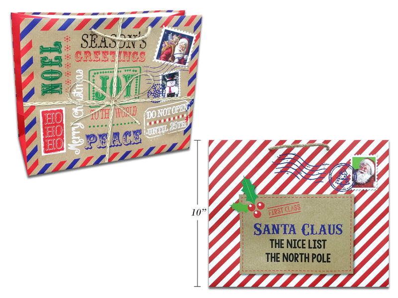 Xmas Matte Horizontal Postal Letter Giftbag-Large. Matte Finish W-Twisted Jute Handle-Large. 2 Asst.