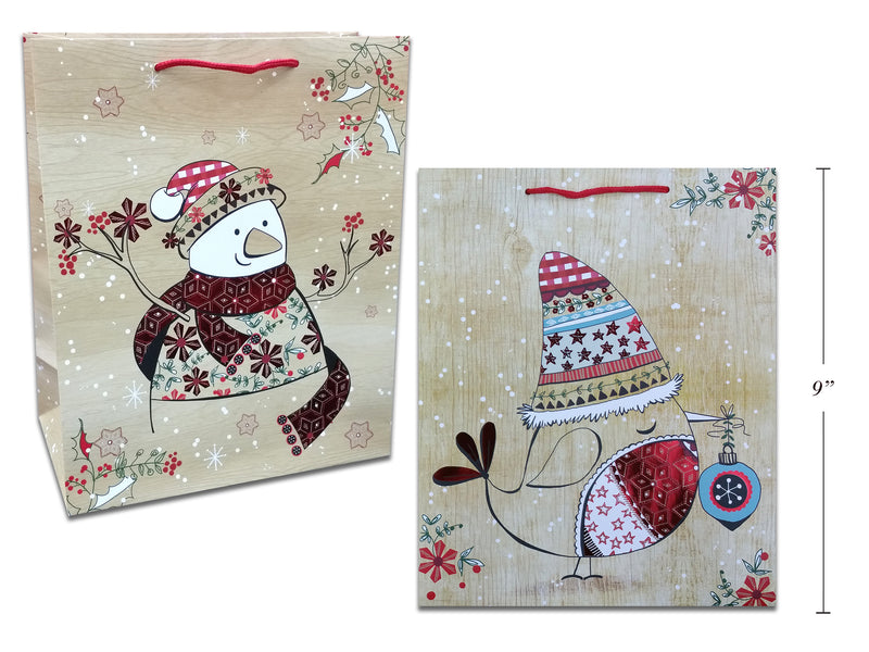 Xmas Matte Wood Grain Snowman Giftbag W-Red Foil Hotstamp-Medium. Matte Finish W-Pp Handle.