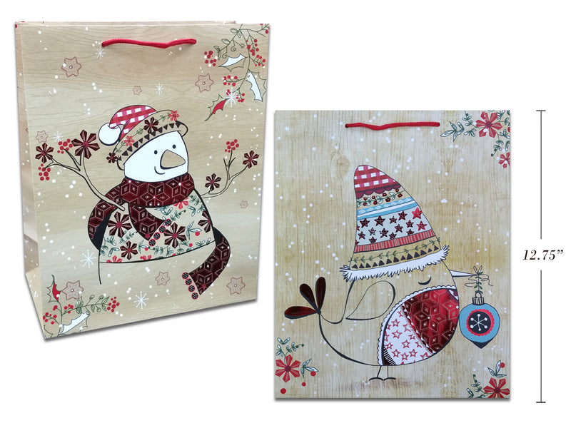 Xmas Matte Wood Grain Snowman Giftbag W-Red Foil Hotstamp-Large. Matte Finish W-Pp Handle.