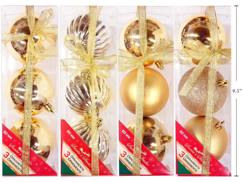 3Pk 80Mm Ornament Assortment - Gold. 4 Asst.Styles. Pvc Box W-Bow.