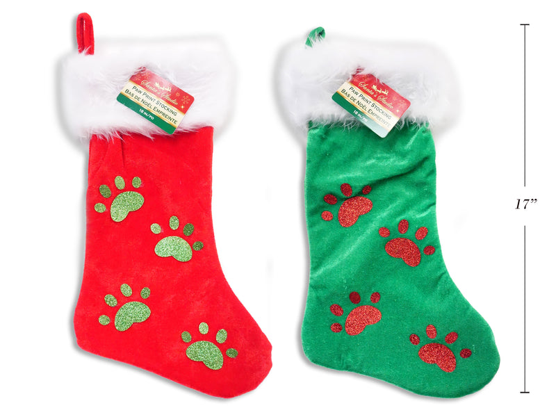 18In Xmas Velour Glitter Paw Patch Pet Stocking W- Deluxe Plush Cuff.8In(W). 3Incuff.J-Hook W-Hangtag