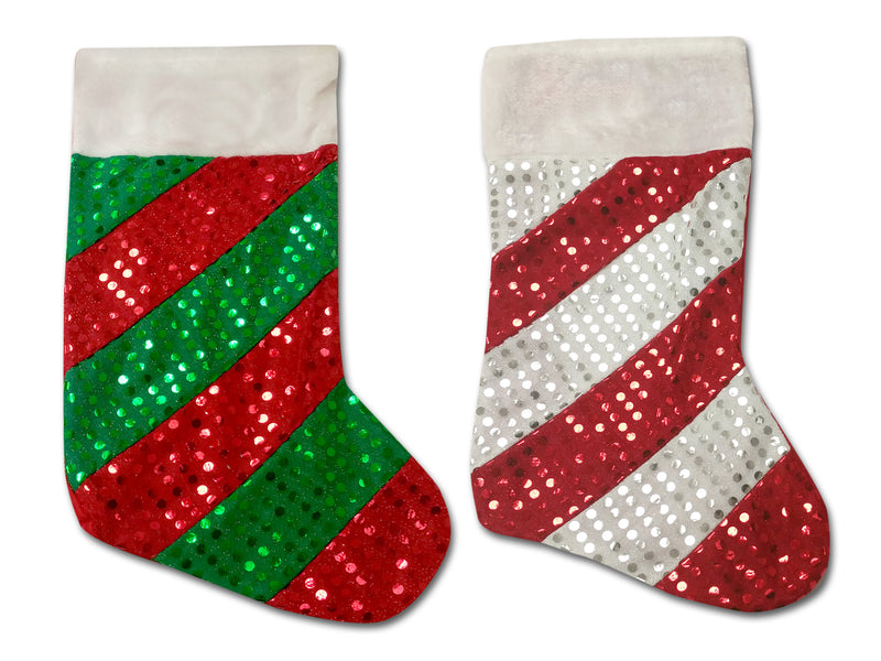 18In Candy Cane Sequin Stocking W-Plush Trim. 8In(W). 3.75Intrim. 2 Asst. J-Hook W-Hangtag.