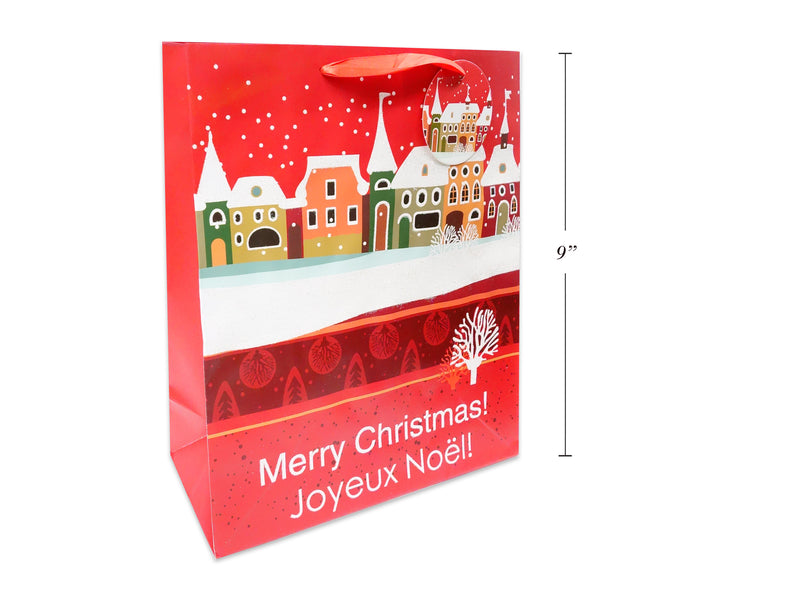 Xmas Matte W-Glitter Snow Village Giftbag-Medium. Satin Handle. Red Colour Only.