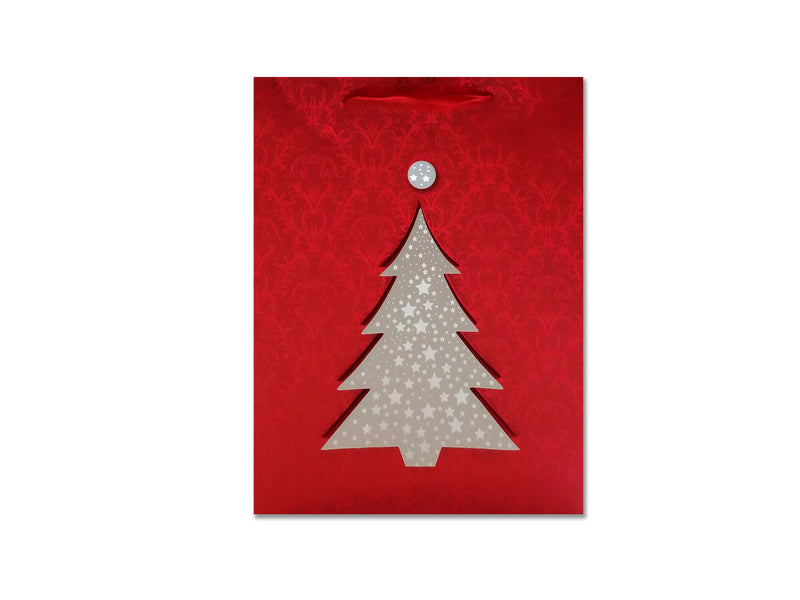 Xmas Matte W-Full Foil Hotstamp Giftbag W-Silver Tip-On Hotstamp Tree-Large. Satin Handle.