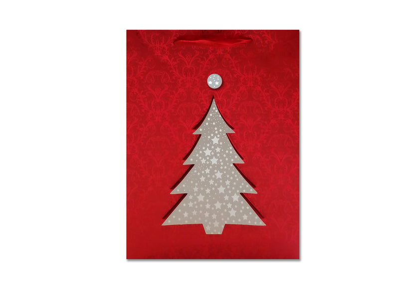 Xmas Matte W-Full Foil Hotstamp Giftbag W-Silver Tip-On Hotstamp Tree-Jumbo. Satin Handle.