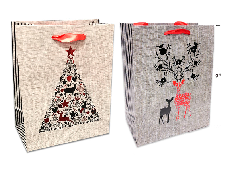 Xmas Matte Burlap Look Giftbag W-Red Foil Hotstamping-Med. Satinribbon Handle. 2 Asst.