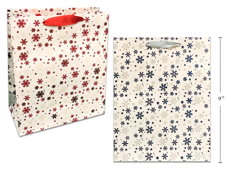 Xmas White Kraft Giftbag W-Glitter Snowflakes- Medium. Kraft Finish W-Satin Handle. 2 Asst.