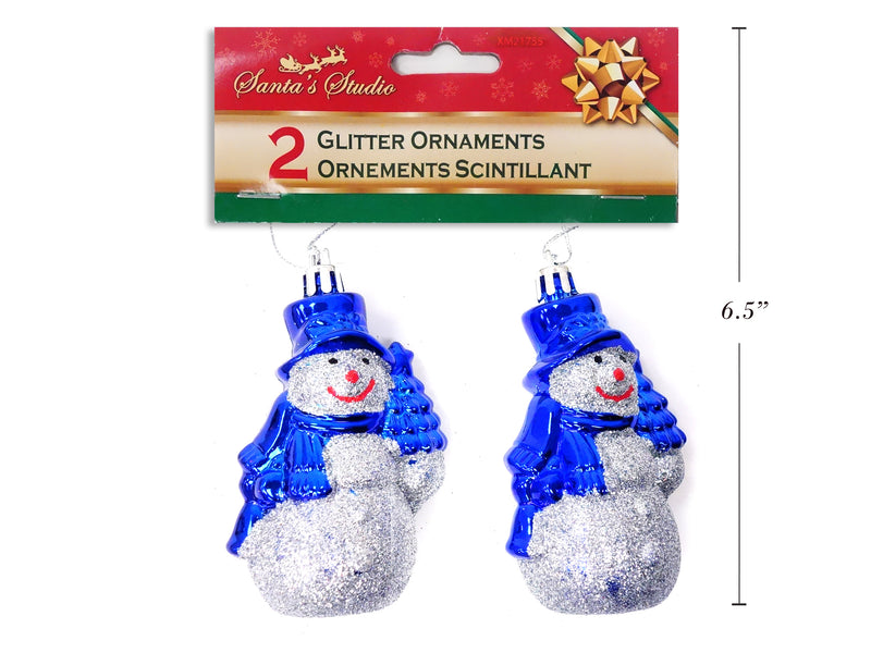 2Pk 2-1-8In X 3-1-8In Glitter Snowman Ornament - Blue W-Silver Glitter. H-C.