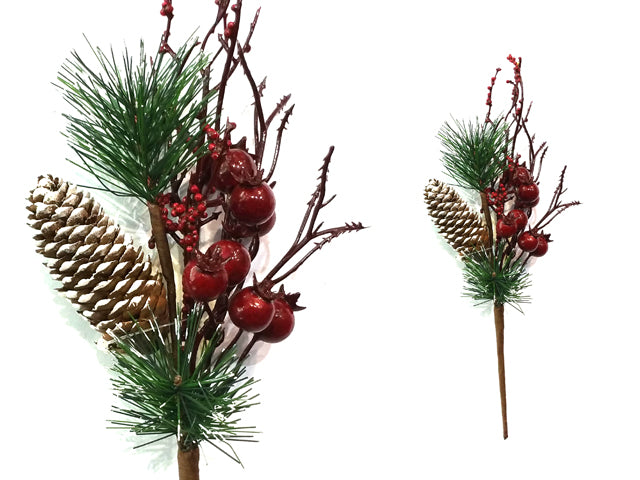 11.5In Xmas Snow Dusted Pine W-Berries &  Pine Cone Branch In Dsp. Hangtag.