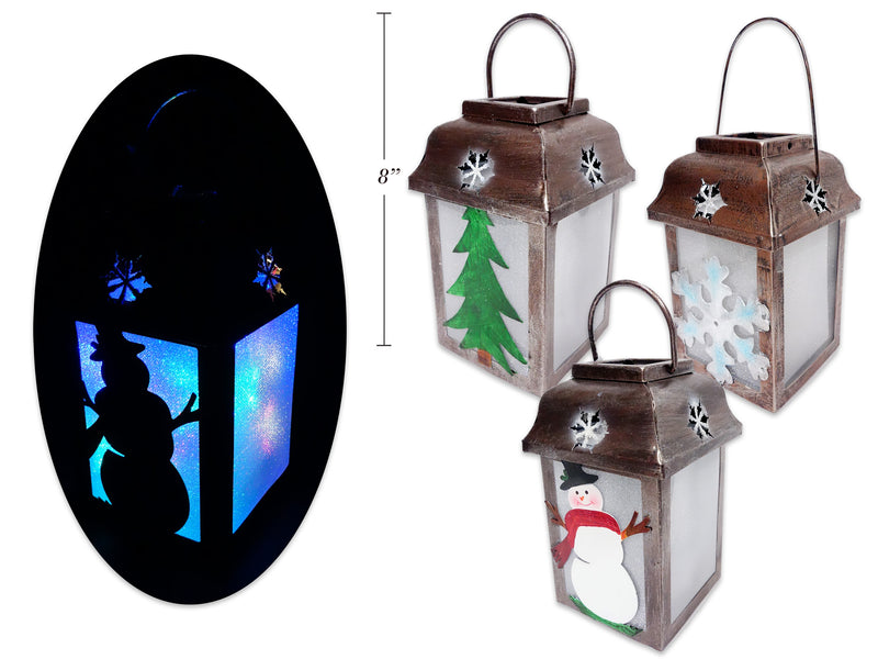 6-5-8In B-O 10-Micro Multi-Col. Led Metal Die-Cut Xmas Character Lantern. 4In(W). 3 Asst. Hangtag.