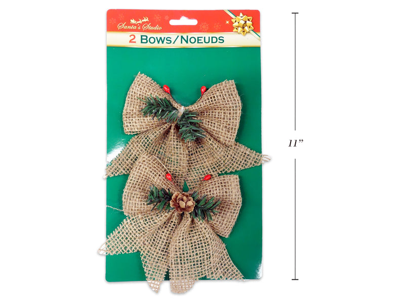 2Pk 4.75In X 4.75In Burlap Bows W-Pine&  Holly Berries. T.O.C.