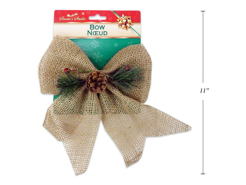 10.75In X 5.5In Burlap Bow W-Pine & Holly Berries. T.O.C.