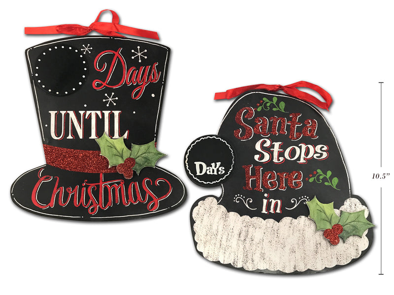 9.5In Chalkboard Mdf Count Down To Christmas Hat Plaque W-Ribbon Hanger.2 Assort.