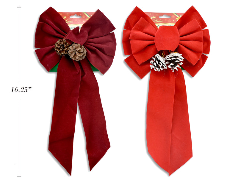 16.5In X 8-7-8In 11 Loop Red Velvet Bow W- Pine Cones. 2.5In(W). H-C.